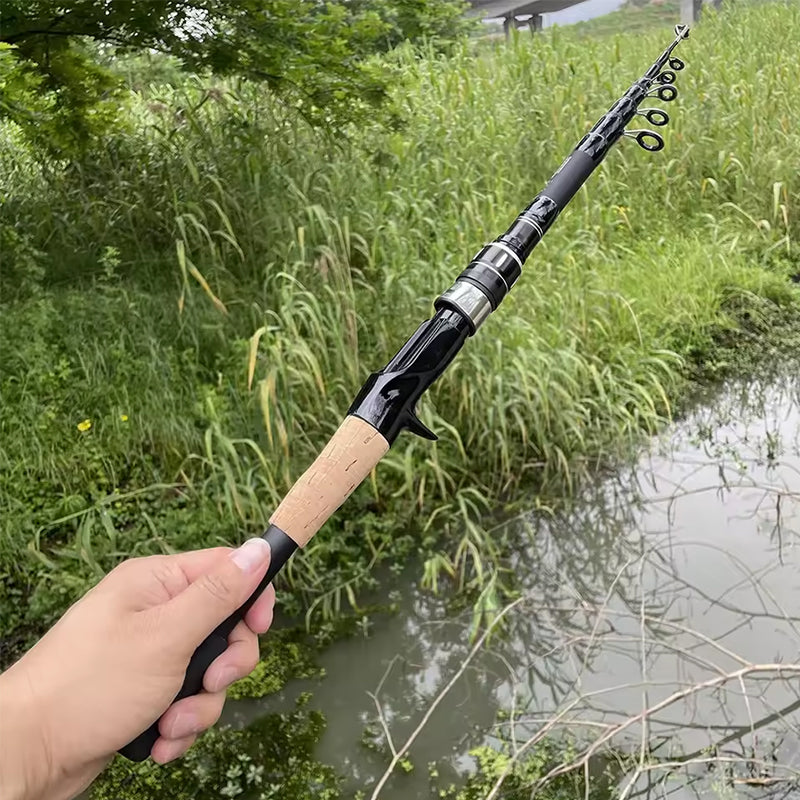 Telescopic Carbon Fibre Baitcasting Rod – 1.5m to 2.4m, Wooden Handle